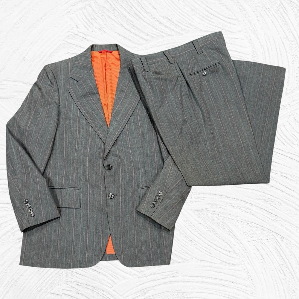 Vintage 70's Johnny Carson 2pc Suit Men's Jacket 42R Pants 35x30 Gray Pinstripe